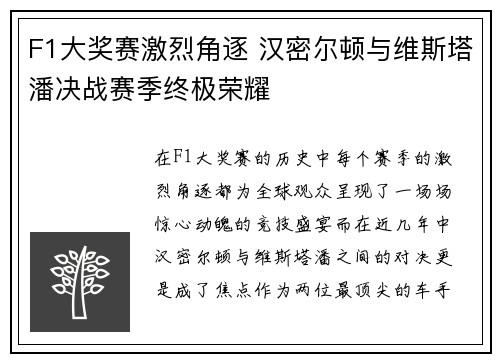 F1大奖赛激烈角逐 汉密尔顿与维斯塔潘决战赛季终极荣耀